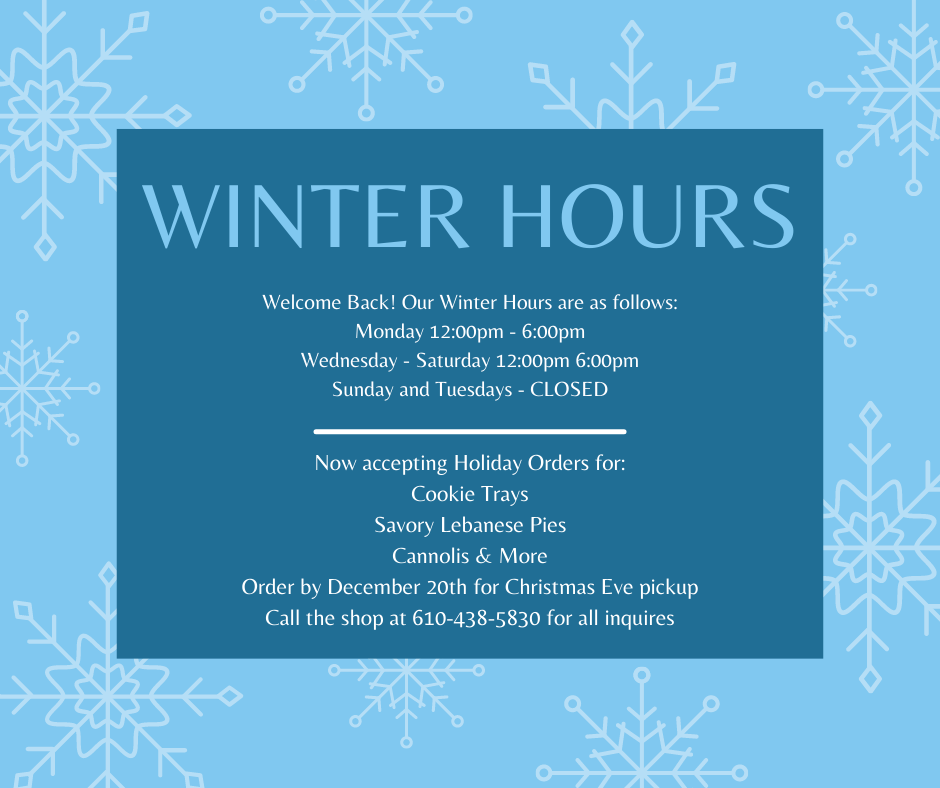 Winter hours
Monday 12:00pm-6:00pm
Wednesday through Thursday 12:00pm -6:00pm
Sundays and Tuesdays: Closed